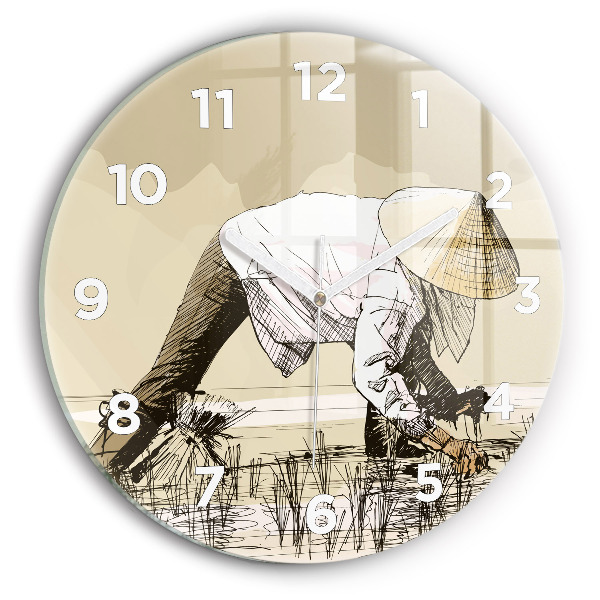 Round glass wall clock Woman picking rice
