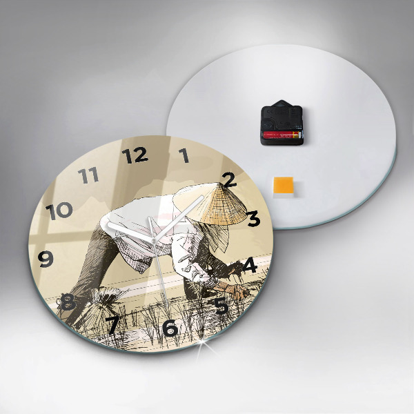 Round glass wall clock Woman picking rice