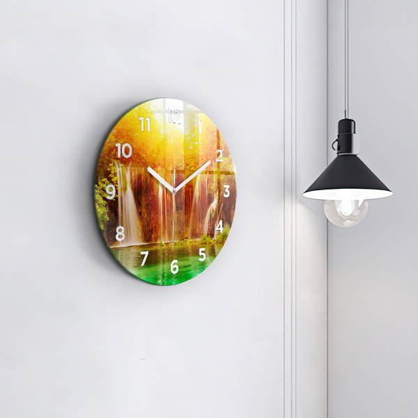 Round glass wall clock View of the waterfall