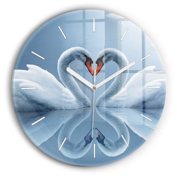 Round glass wall clock Swans in the heart
