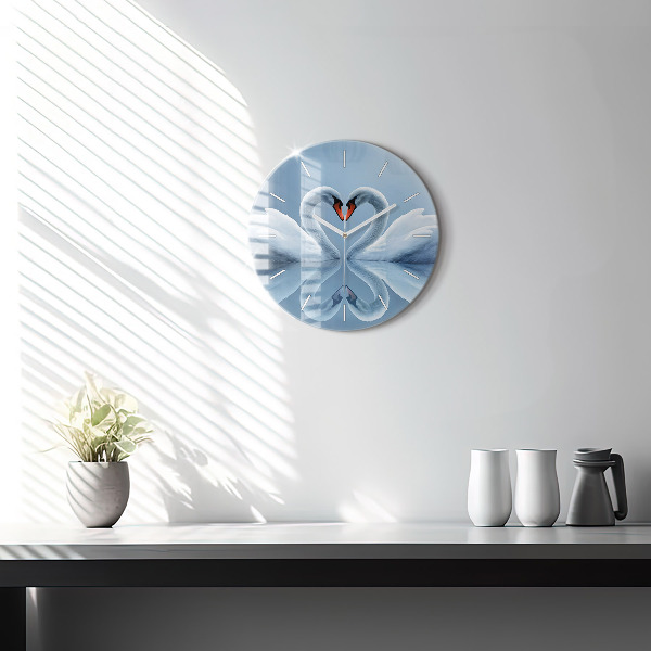 Round glass wall clock Swans in the heart