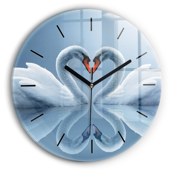 Round glass wall clock Swans in the heart
