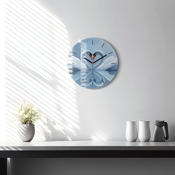 Round glass wall clock Swans in the heart