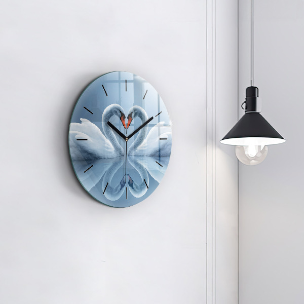 Round glass wall clock Swans in the heart