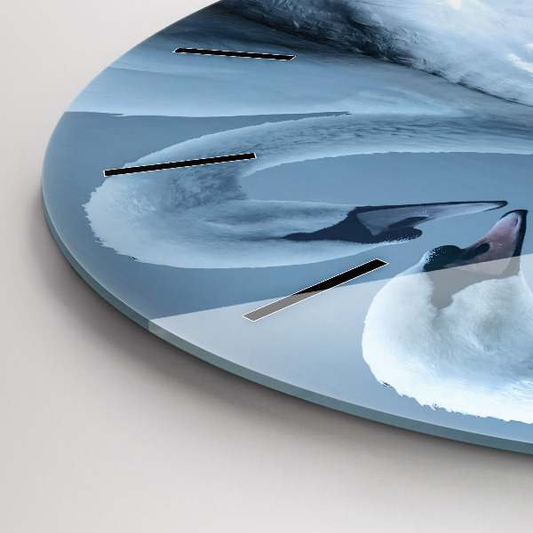 Round glass wall clock Swans in the heart