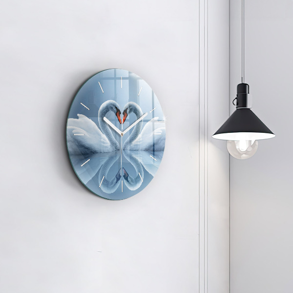 Round glass wall clock Swans in the heart
