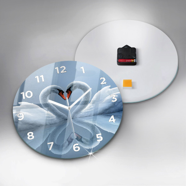Round glass wall clock Swans in the heart