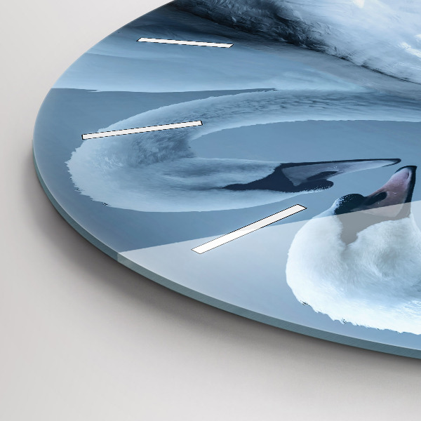 Round glass wall clock Swans in the heart