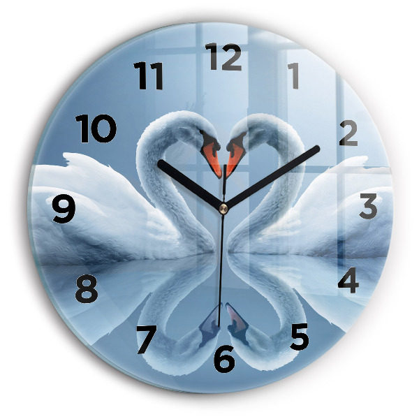 Round glass wall clock Swans in the heart