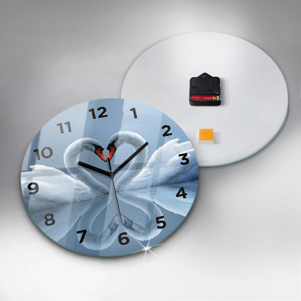 Round glass wall clock Swans in the heart