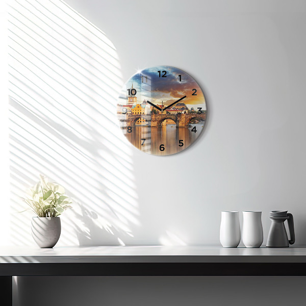 Round glass wall clock Panorama over the river
