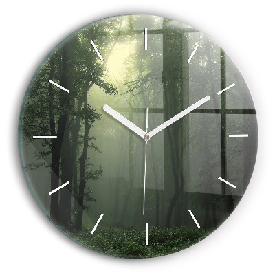 Round glass wall clock Misty forest in the morning