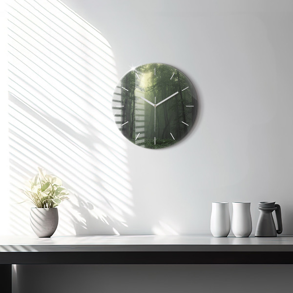 Round glass wall clock Misty forest in the morning