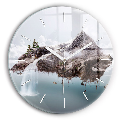 Round glass wall clock Flying Island and Waterfall