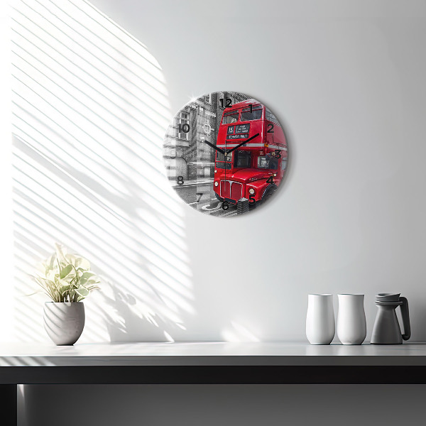 Round glass wall clock Red double-decker bus
