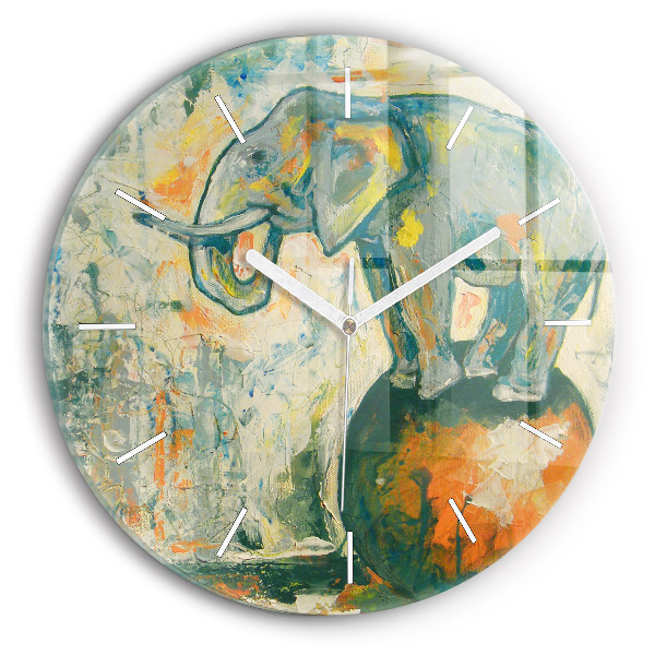 Round glass wall clock Painted elephant posture