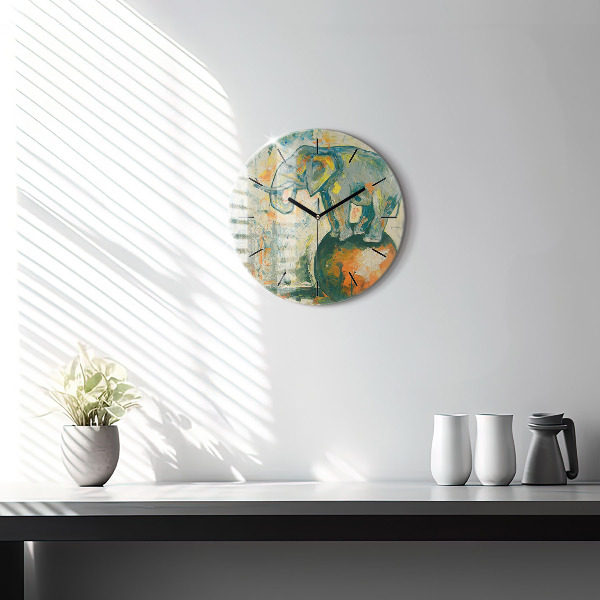 Round glass wall clock Painted elephant posture