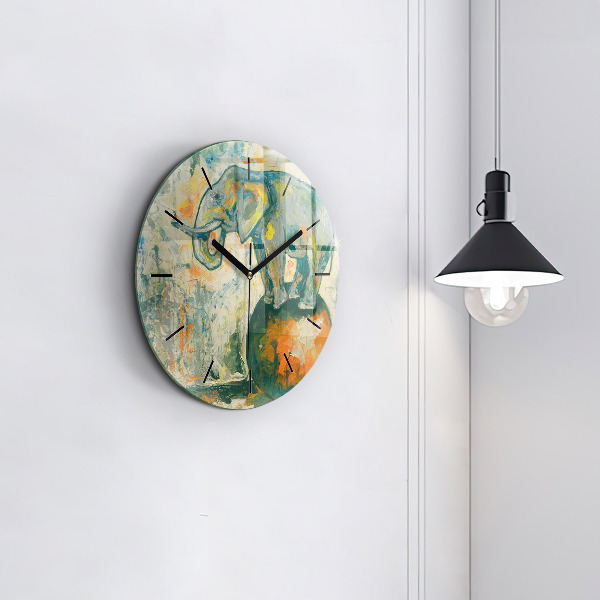 Round glass wall clock Painted elephant posture