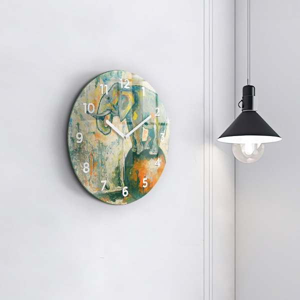 Round glass wall clock Painted elephant posture