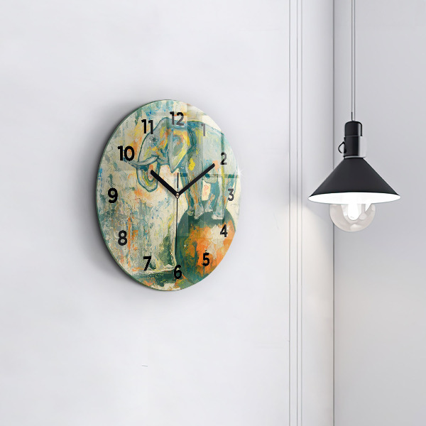 Round glass wall clock Painted elephant posture