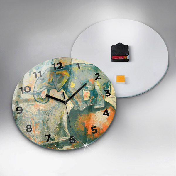 Round glass wall clock Painted elephant posture