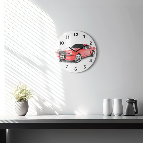 Round glass wall clock Sports car