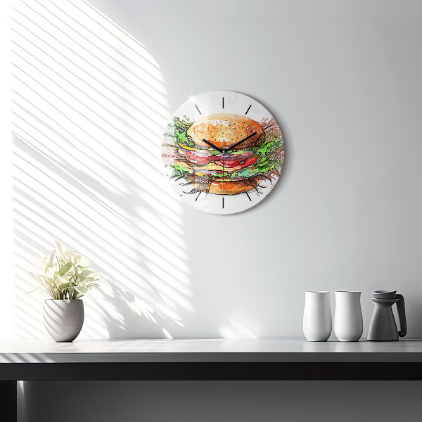 Round glass wall clock XXL Cheese Burger