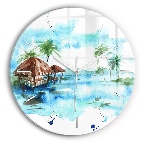 Round glass wall clock Picture of a deserted island