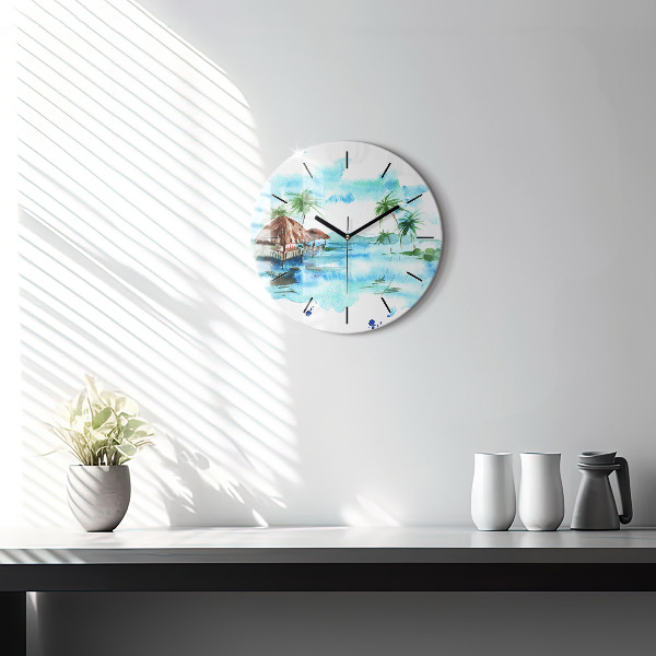 Round glass wall clock Picture of a deserted island