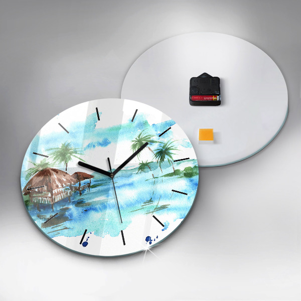 Round glass wall clock Picture of a deserted island