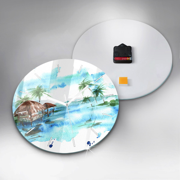 Round glass wall clock Picture of a deserted island