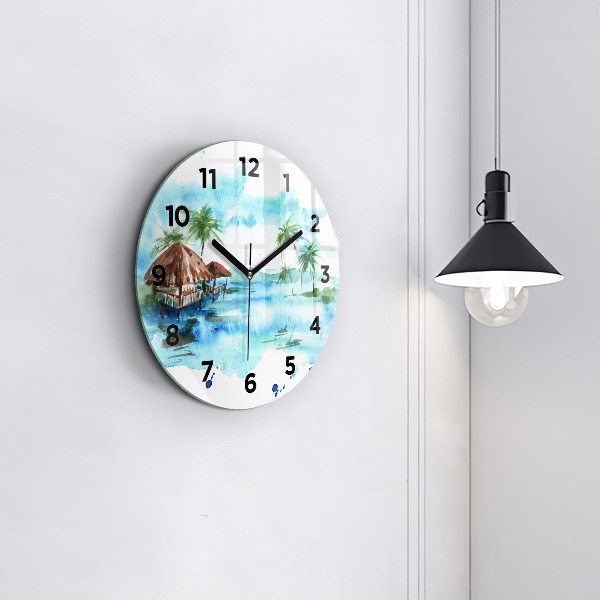Round glass wall clock Picture of a deserted island
