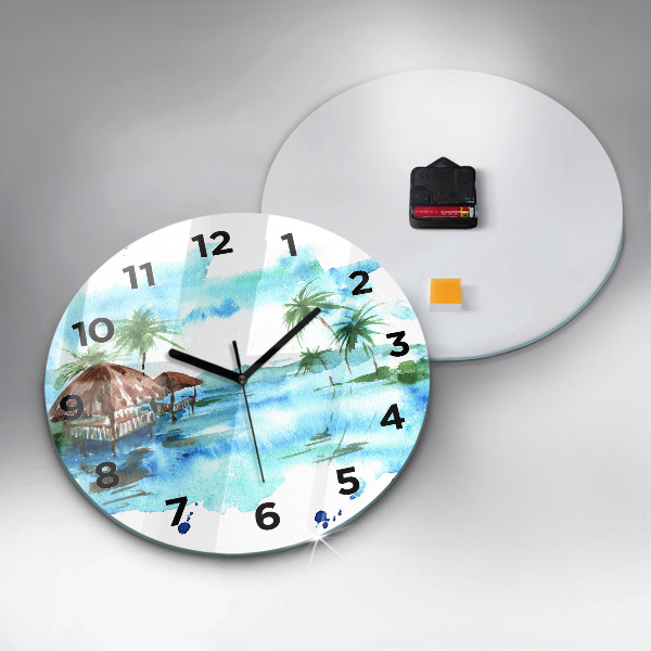 Round glass wall clock Picture of a deserted island