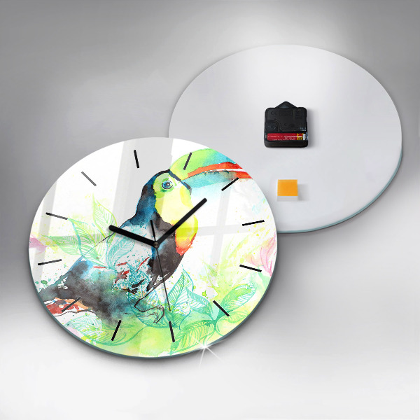 Round glass wall clock Toucan in the grass