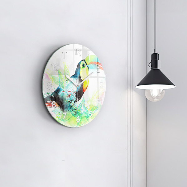 Round glass wall clock Toucan in the grass