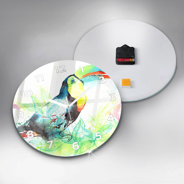 Round glass wall clock Toucan in the grass