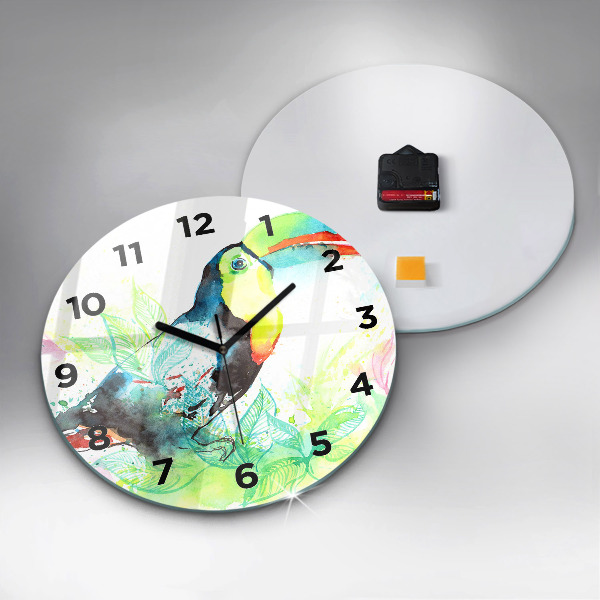 Round glass wall clock Toucan in the grass