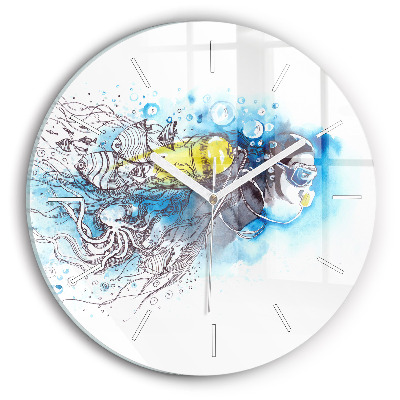 Round glass wall clock Underwater fish life