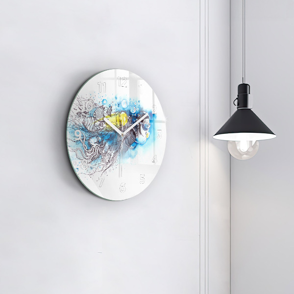 Round glass wall clock Underwater fish life