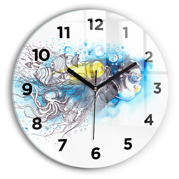 Round glass wall clock Underwater fish life