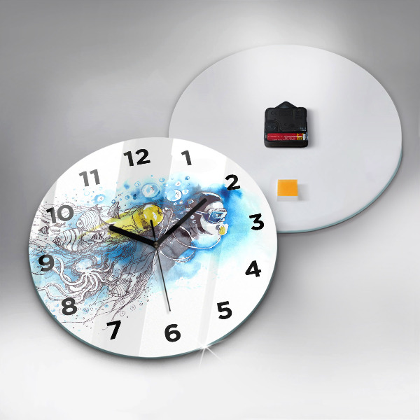 Round glass wall clock Underwater fish life