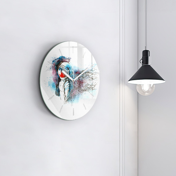 Round glass wall clock Astronaut abstraction