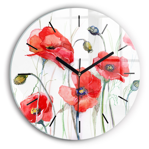 Round glass wall clock Painted Red Poppies