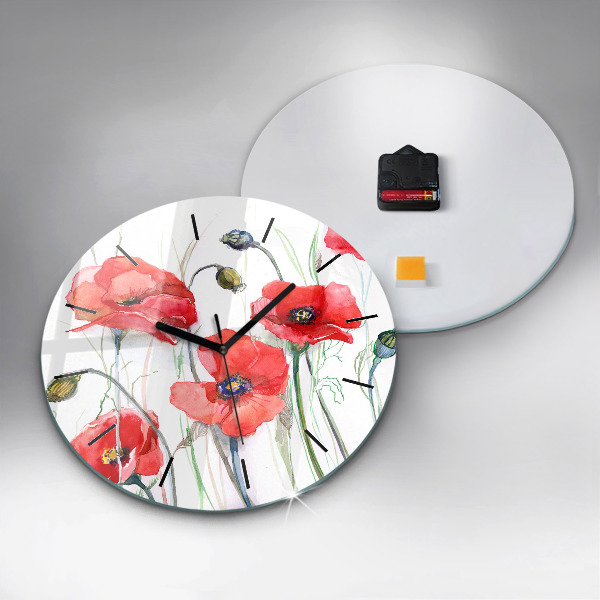 Round glass wall clock Painted Red Poppies