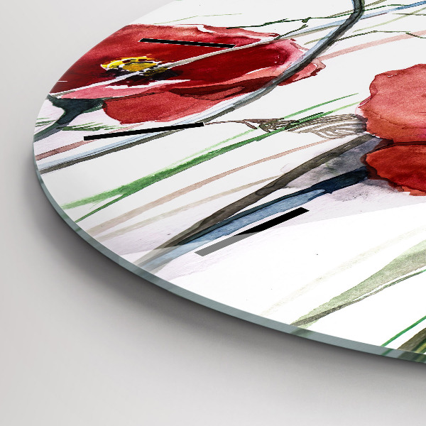 Round glass wall clock Painted Red Poppies