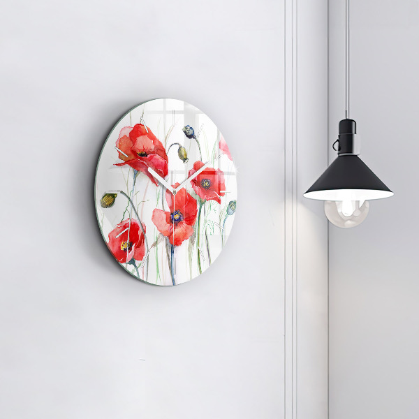 Round glass wall clock Painted Red Poppies