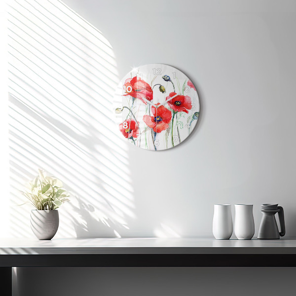 Round glass wall clock Painted Red Poppies