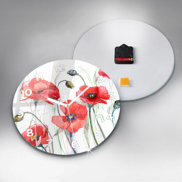 Round glass wall clock Painted Red Poppies