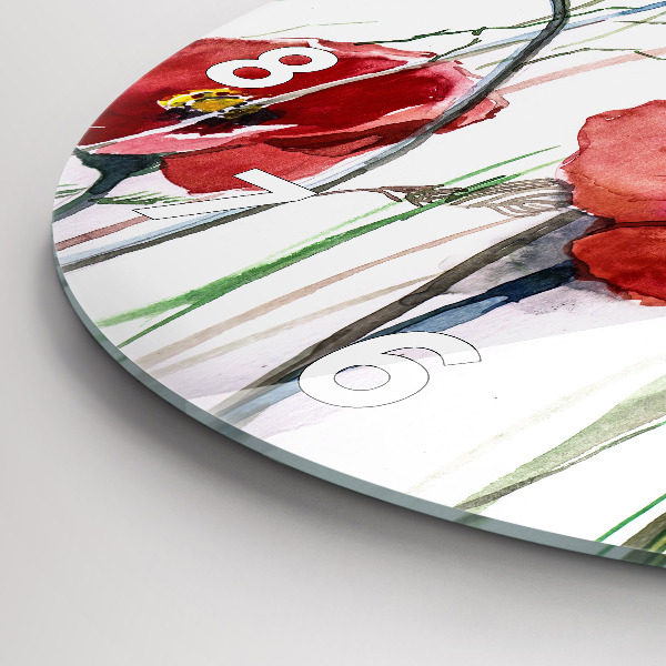 Round glass wall clock Painted Red Poppies