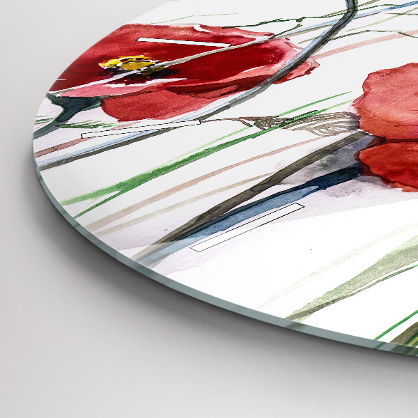 Round glass wall clock Painted Red Poppies